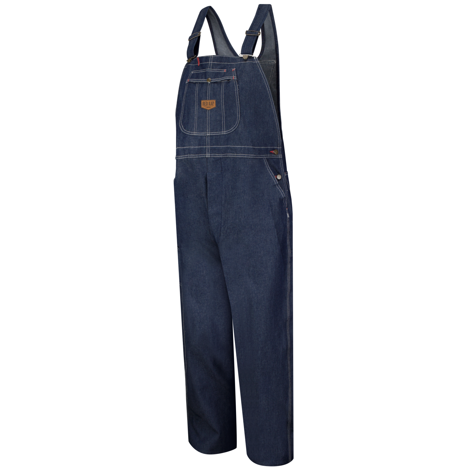 red jean overalls