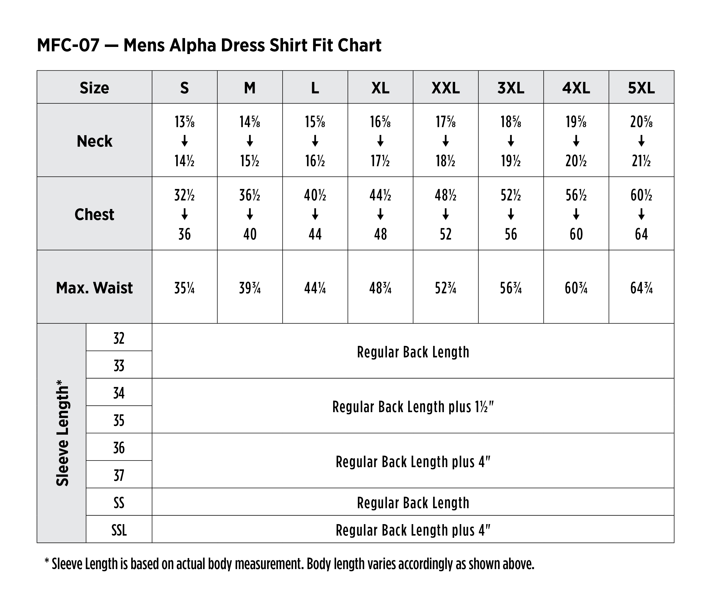 long sleeve shirt size guide